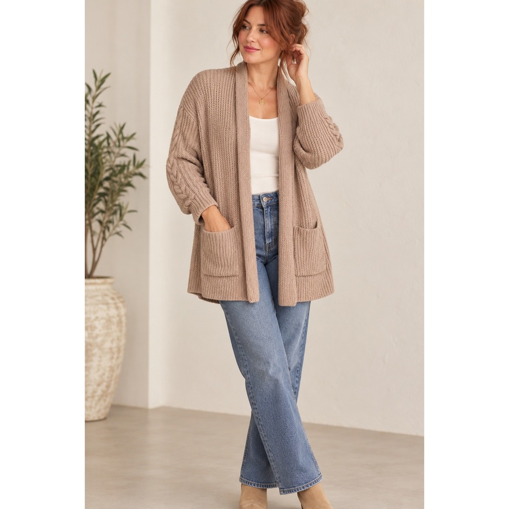 Lucky Brand Cardigan S Tan Open‎ Front Cable Knit Shawl Collar Chunky Sweater